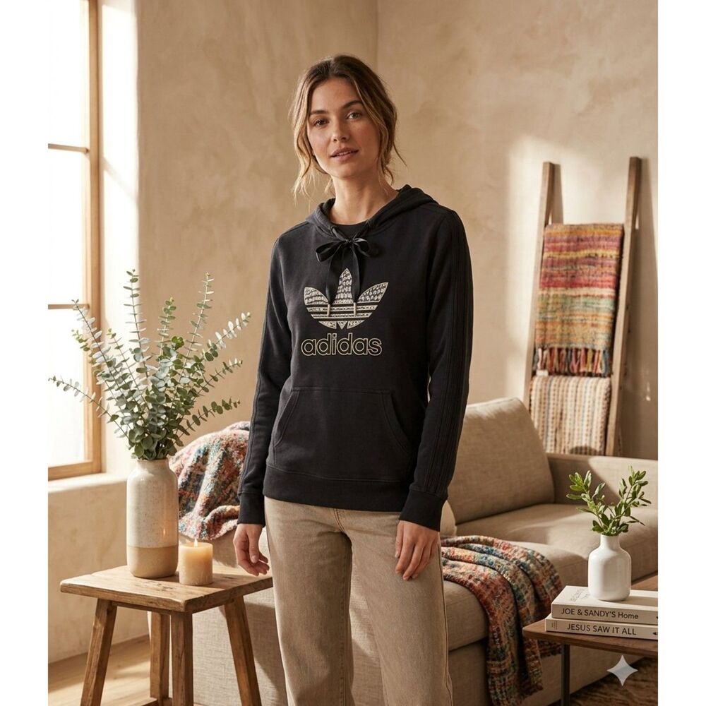 Adidas Hoodie Womens M Black Gold Logo Pullover Sweatshirt Athleisure Faded